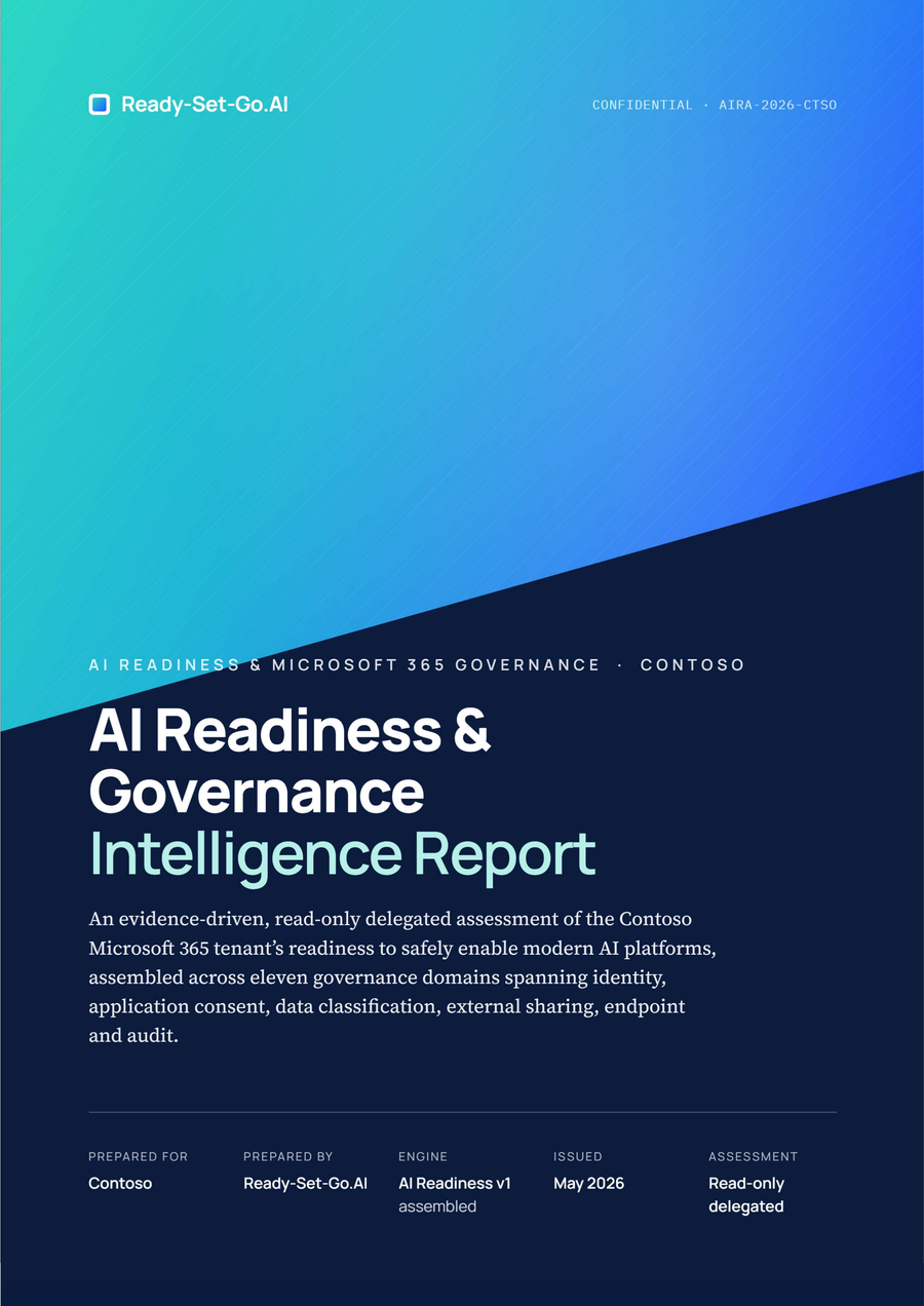 Cover page of the fictional AI Readiness and Governance Intelligence Report sample.