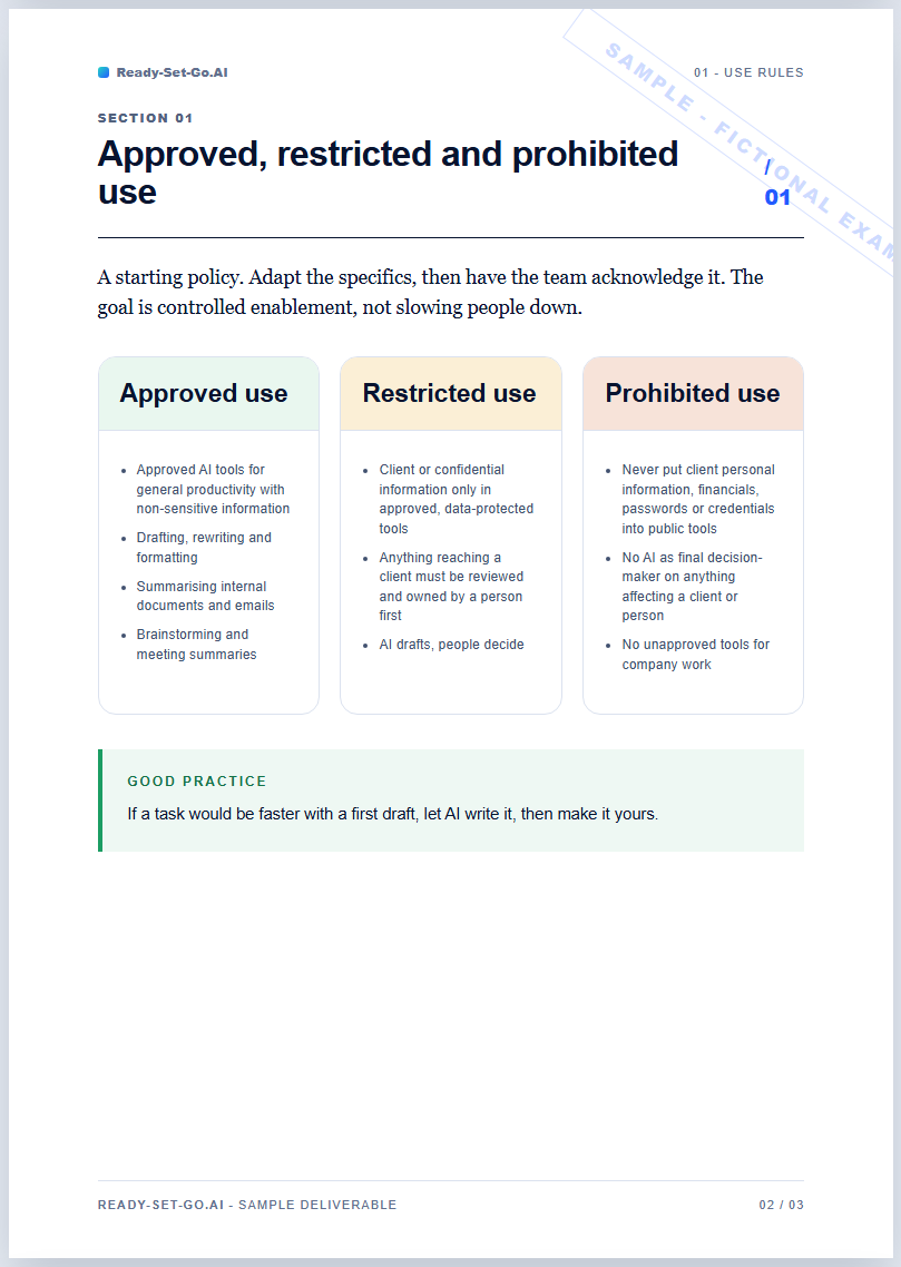 Approved, restricted and prohibited use rules from the fictional Brightleaf usage policy sample.